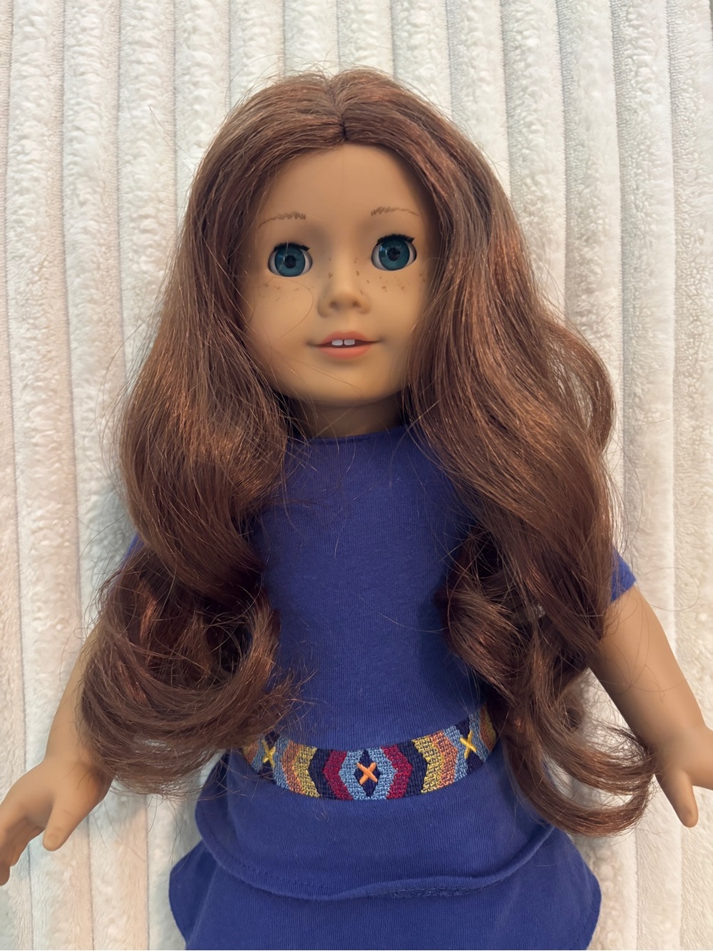 American Girl Saige Doll in Blue Dress with Multicolor Woven Belt - Picture 3 of 8